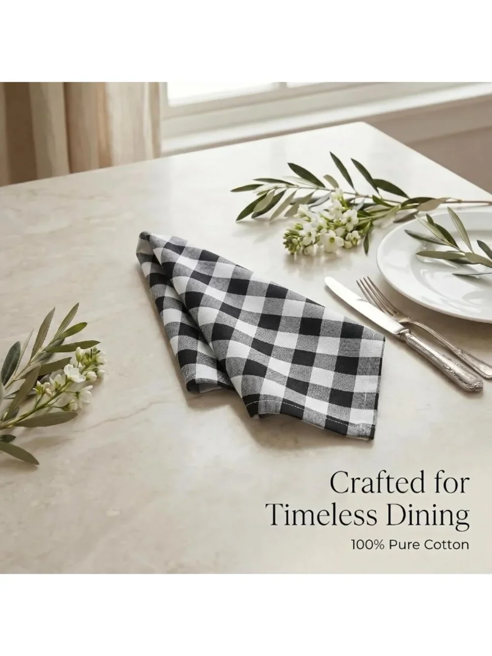 Stylish Cotton Cloth Napkins 20x20 (Set of 12) - Black Checkered Design